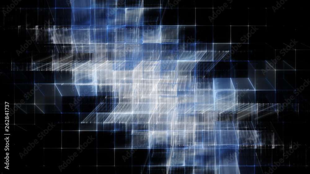 Abstract blue on black background element. Fractal graphics 3d illustration. Science or technology concept.