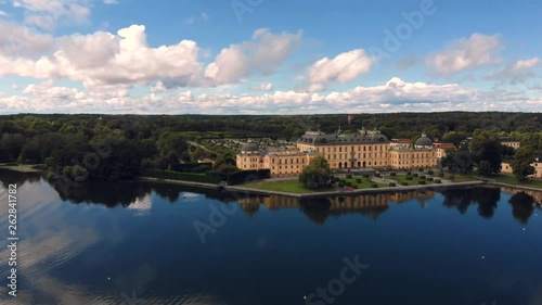 Drottningholm Palace, aerial drone flight above the lake