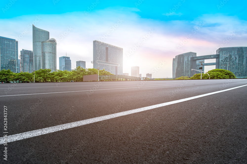 Road and skyline of urban architecture