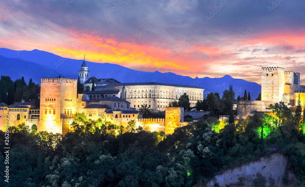 Alhambra palace and gardens at dawn, Granada, Spain