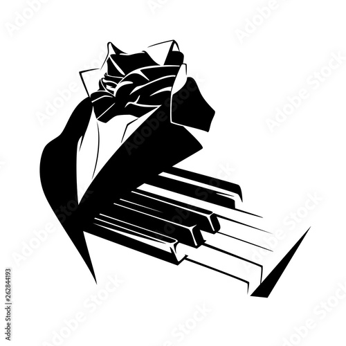 classical musician and piano keys vector - black and white vintage style performer outline