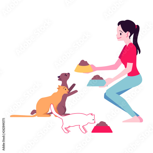 Vector flat happy woman feeds adorable cat