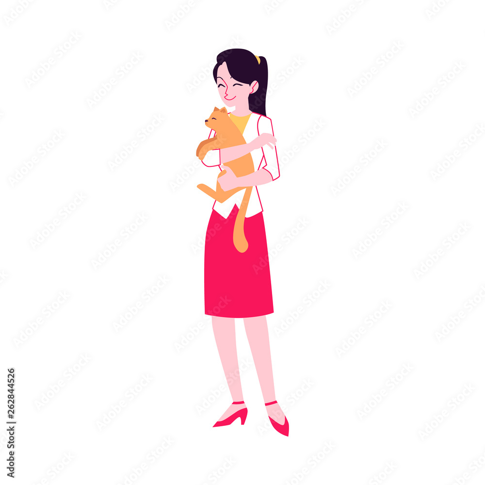 Vector flat happy woman hugs adorable cat Vector flat happy woman hugs adorable cat