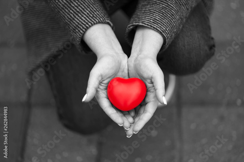 Schilderij op canvas Black and white photo of woman holding on palms red heart staying on the knees