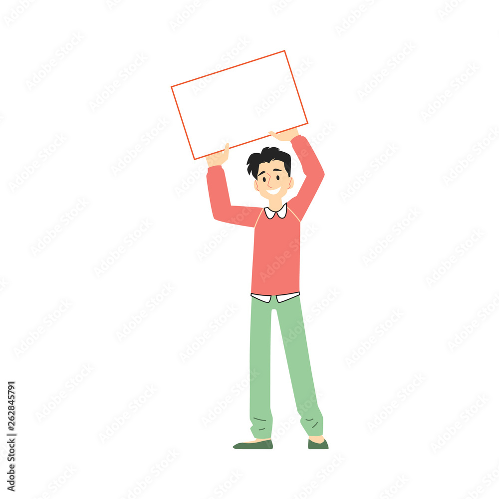 Vector happy man holding blank placard above head Vector happy man holding blank placard above head