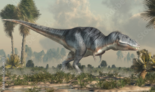 A tyrannosaurus rex stands in a prehistoric wetland. The most popular carnivorous dinosaur, this predator lived during the Cretaceous period. 3D Rendering.