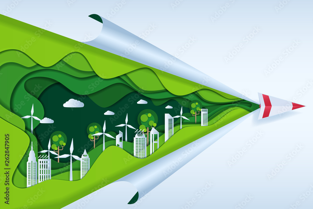 Fototapeta premium Earth Day paper cut style. Eco Friendly with Paper airplane on cloud, green city nature and renewable energy concept.