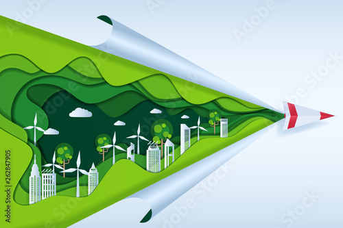 Earth Day paper cut style. Eco Friendly with Paper airplane on cloud, green city nature and renewable energy concept.