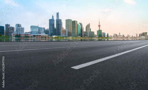 Empty Asphalt Road Through Modern City of Shanghai  China..