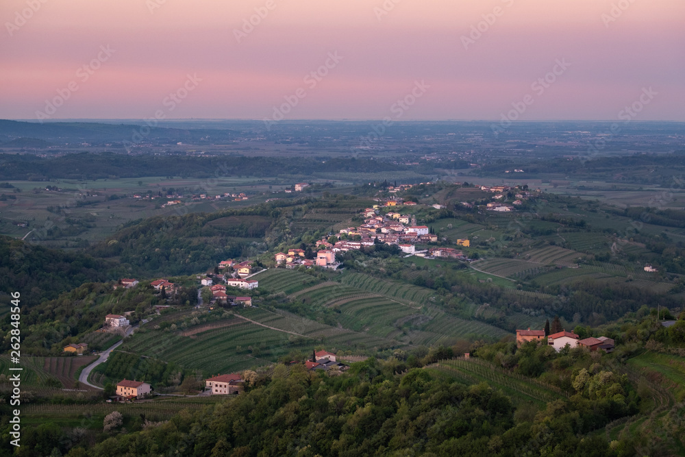 Village Kozana between vineyards in wine region Brda in Slovenia