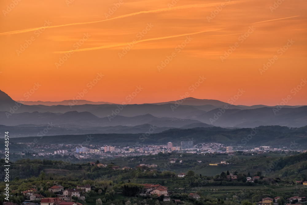 Sunrise view over wine region Brda to town Nova Gorica
