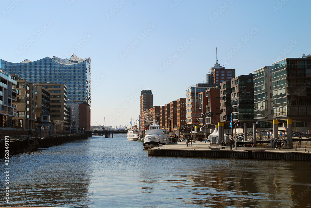 Hafencity: Sandtorhafen with modern architecture, Hamburg, Germany. Hafencity is located on the Elbe river island Grasbrook, on former Port of Hamburg area