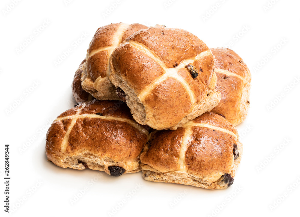 Easter cross buns with sultanas isolated on white background