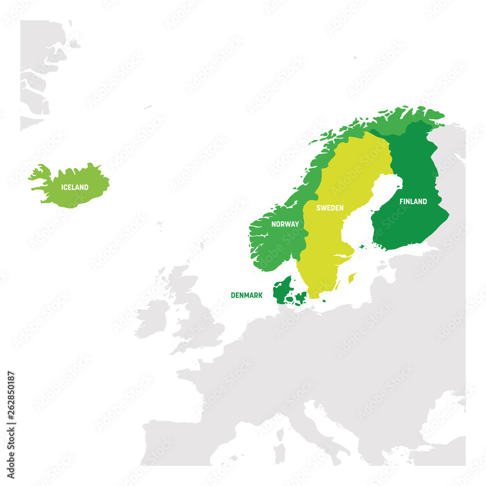 North Europe Region. Map of countries of Scandinavia. Vector illustration