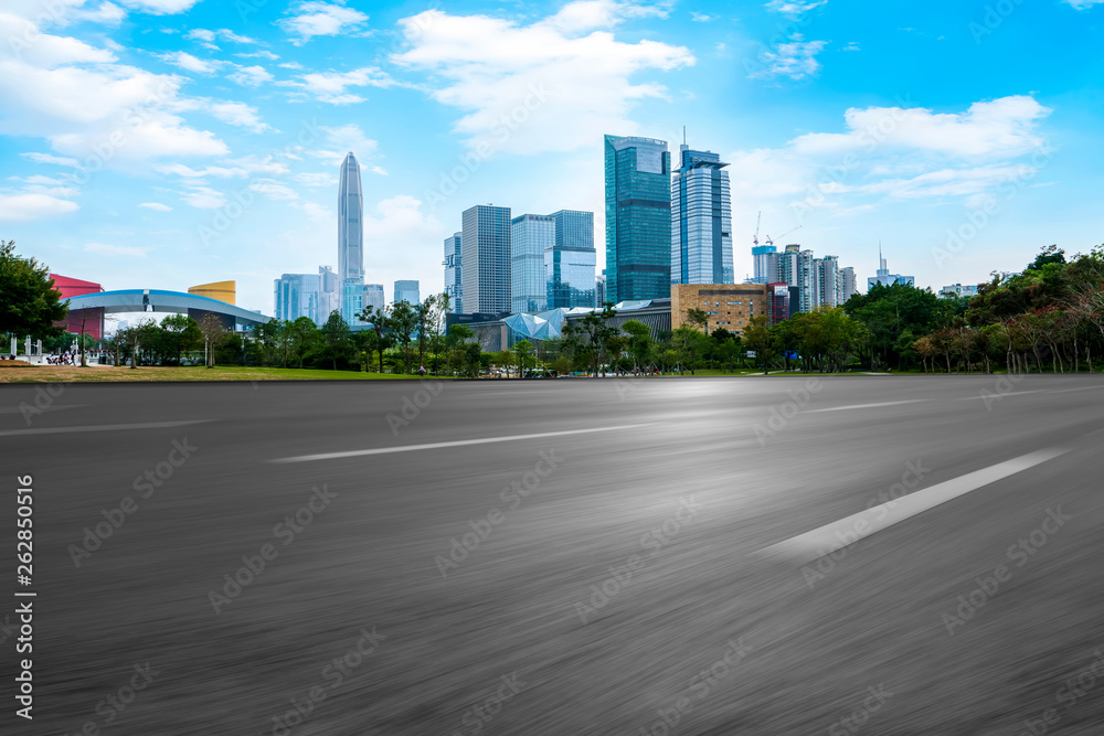 Road and skyline of urban architecture..