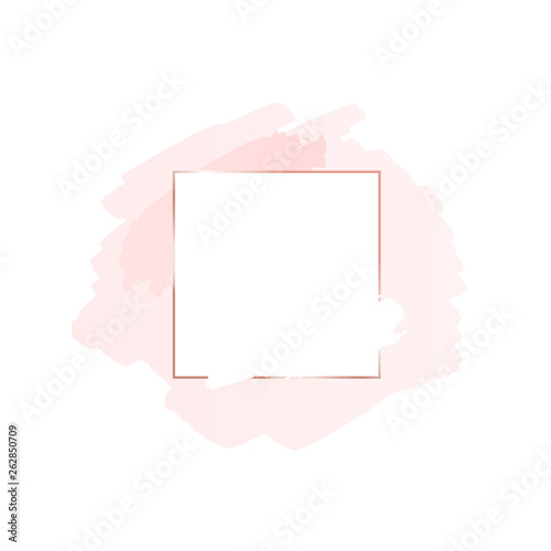 Abstract pink brush background with square geometric frame rose gold color. Logo background for beauty and fashion