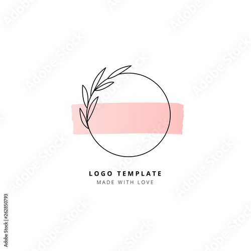 Circle with leaves and pink horizontal stroke logo template