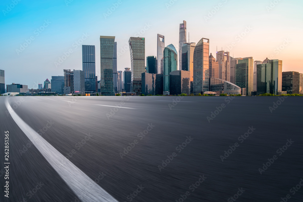 Empty Asphalt Road Through Modern City of Shanghai, China.. Empty Asphalt Road Through Modern City of Shanghai, China..