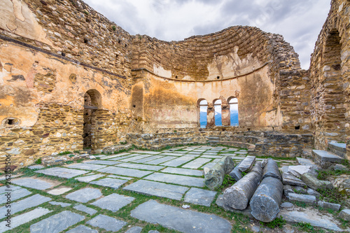 The byzantine basilica of Agios Achilios (Saint Achilles), in Small Prespa lake, Greece photo