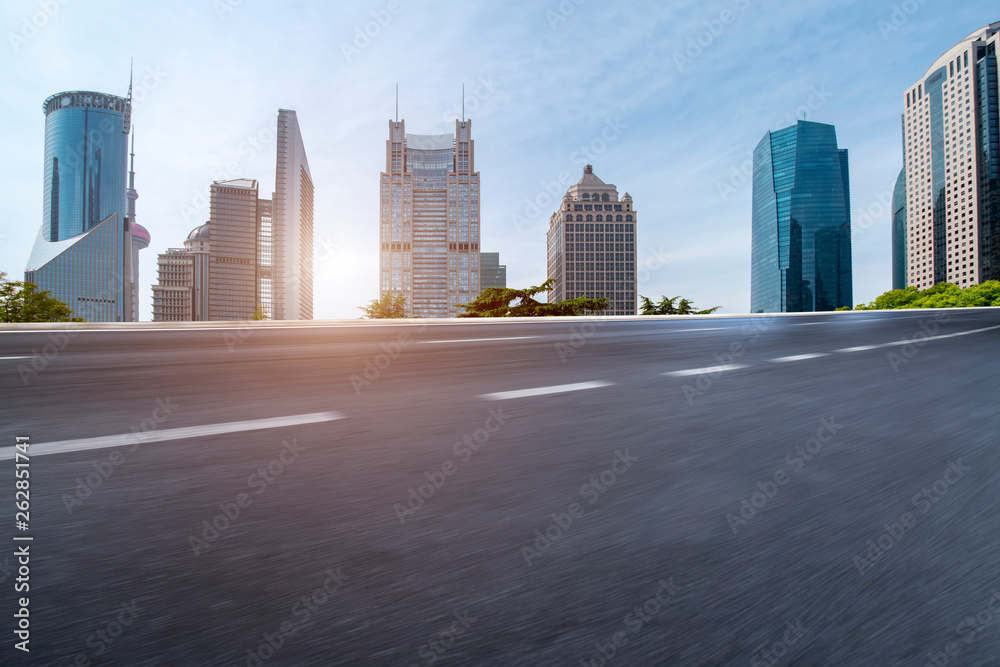 Empty Asphalt Road Through Modern City of Shanghai, China..