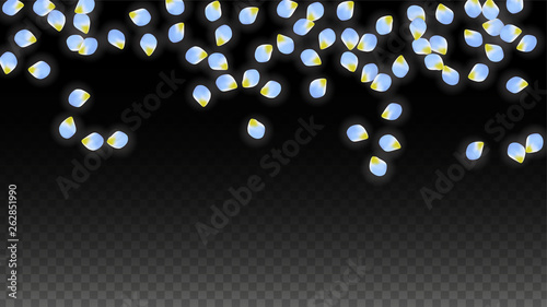 Vector Realistic Blue Petals Falling on Transparent Background.  Spring Romantic Flowers Illustration. Flying Petals. Sakura Spa Design. Blossom Confetti.