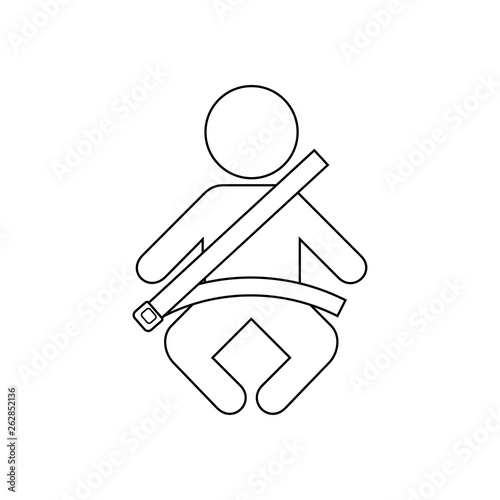 Icono plano lineal niño sentado con cinturón de seguridad en color negro