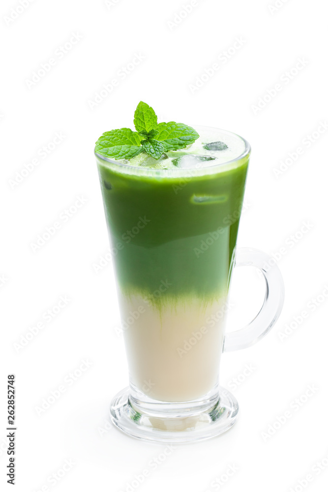 Homemade layered iced matcha latte tea with almond milk isolated on white Homemade layered iced matcha latte tea with almond milk isolated on white