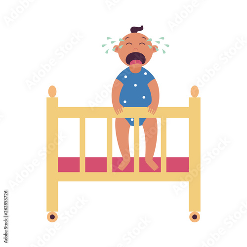 Crying baby stands holding side of cot flat cartoon style