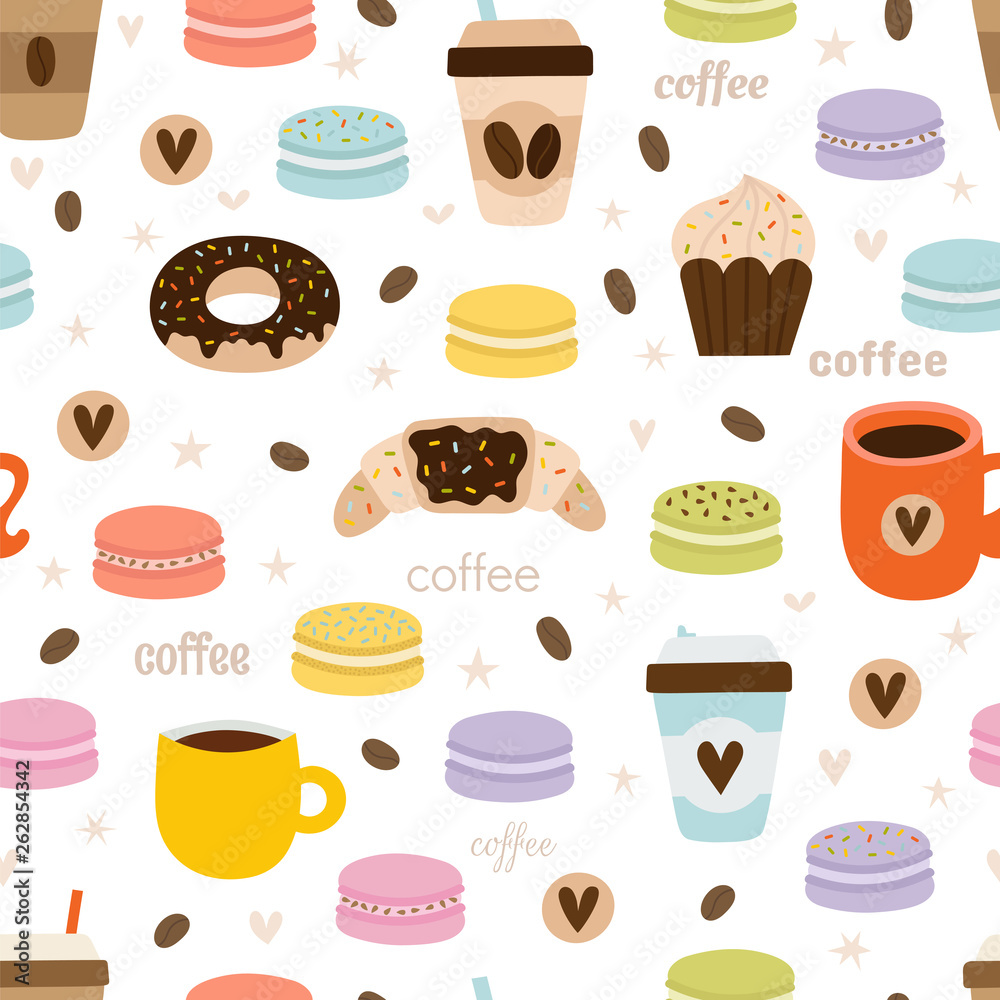Hand drawn coffee seamless pattern. Set of coffee party symbols, objects and elements. Cute and funny background