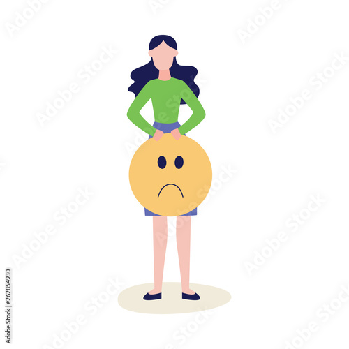 Unsatisfied customer makes a review of the quality of service with sad face sign.