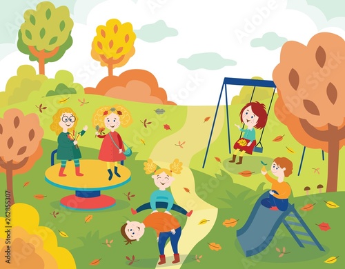 Cheerful children playing outdoors in autumn park and swinging.