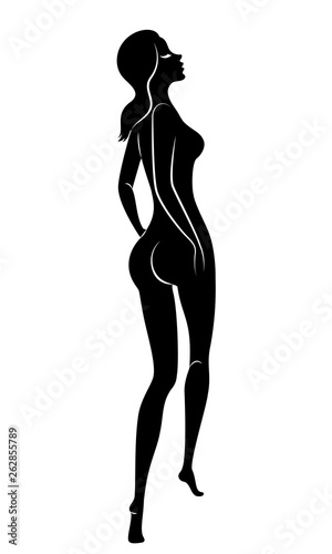 Silhouette of a sweet standing lady. The girl has a beautiful slim figure. Vector illustration.