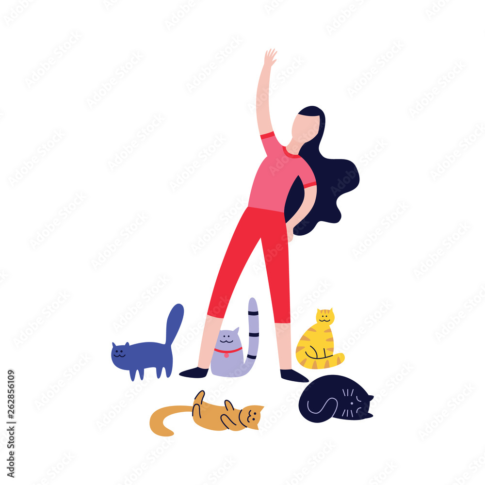 Woman doing exercises surrounded by many cats flat cartoon style Woman doing exercises surrounded by many cats flat cartoon style