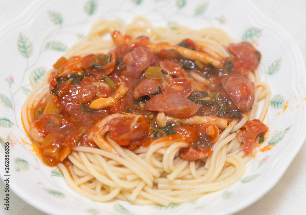 Angel Hair Pasta with tomato Sauce, Garlic and sausage