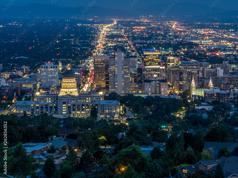 Aerial panorama of Salt Lake City downtown at the evening