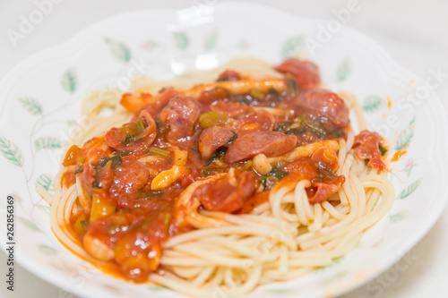 Angel Hair Pasta with tomato Sauce, Garlic and sausage