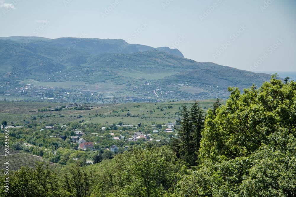 Panorama overlooking the Crimean valley, near Bakhchisarai in summer time