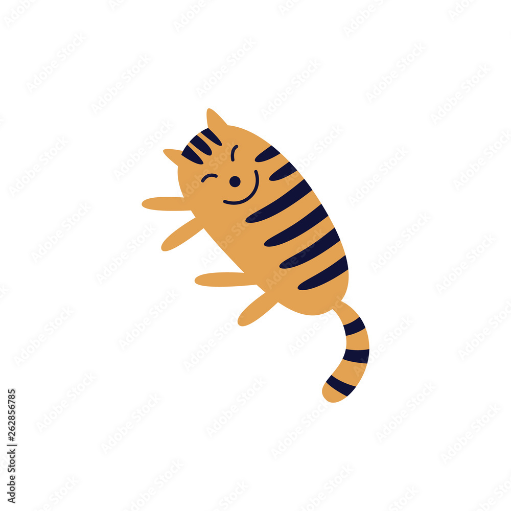 Naklejka premium Cute smiling tabby red cat lying on its side flat cartoon style