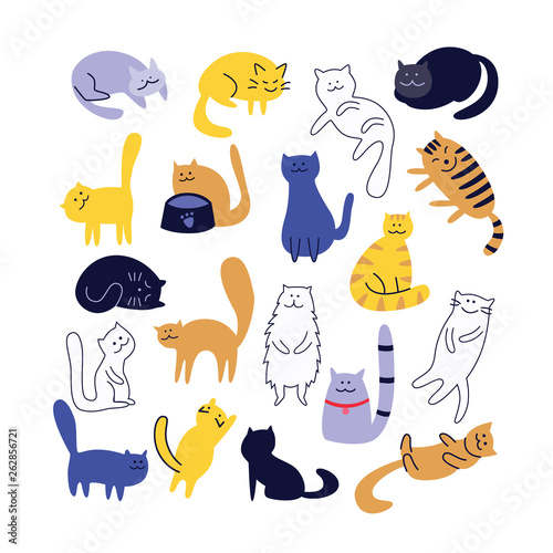 Collection of cute cats character in flat cartoon style