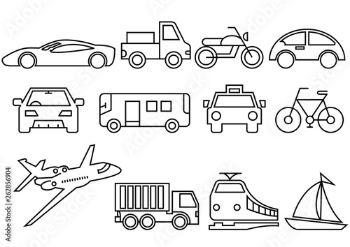 thin line icons set transportation Airplane Car Truck Bus Train Bicycle Car front Motorcycle Pickup truck Boat vector illustrations