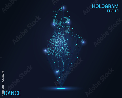 Dance hologram. A holographic projection of a girl dancing. Flickering energy flux of particles. Research design the ballet.