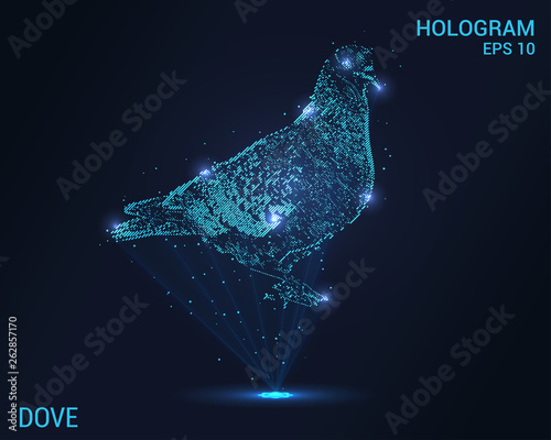 The hologram dove. Holographic projection dove. Flickering energy flux of particles. Scientific dove design.