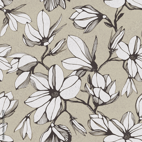 Vintage seamless pattern of magnolia flower on a paper background. Hand drawn ink illustration. Wallpaper or fabric design. Stylish illustration