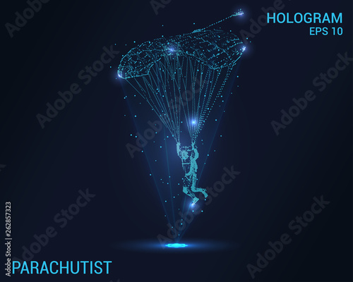 Parachutist hologram. Holographic projection of skydiver. Flickering energy flux of particles. Scientific design of skydiving.