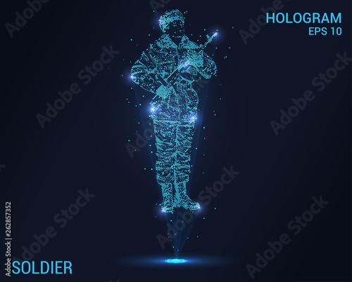 The soldier hologram. Holographic projection military. Flickering energy flux of particles. A soldier with a gun.