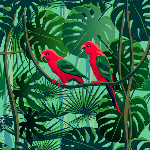 Parrots in the thickets of a flowering rainforest.