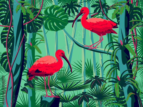 Scarlet Ibis birds in the thickets of a flowering rainforest.