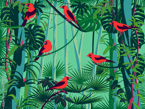 Scarlet Tanagers birds in the thickets of the flowering rainforest. © alaver