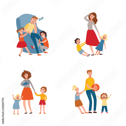 Vector parenting problem big family tired parents