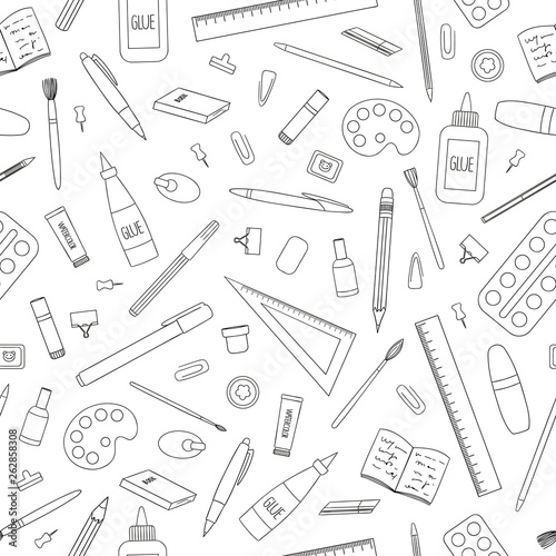 Vector seamless pattern of black and white stationery, office or school supplies. Repeat background with isolated monochrome pen, pencil, ruler, glue, paint, brush